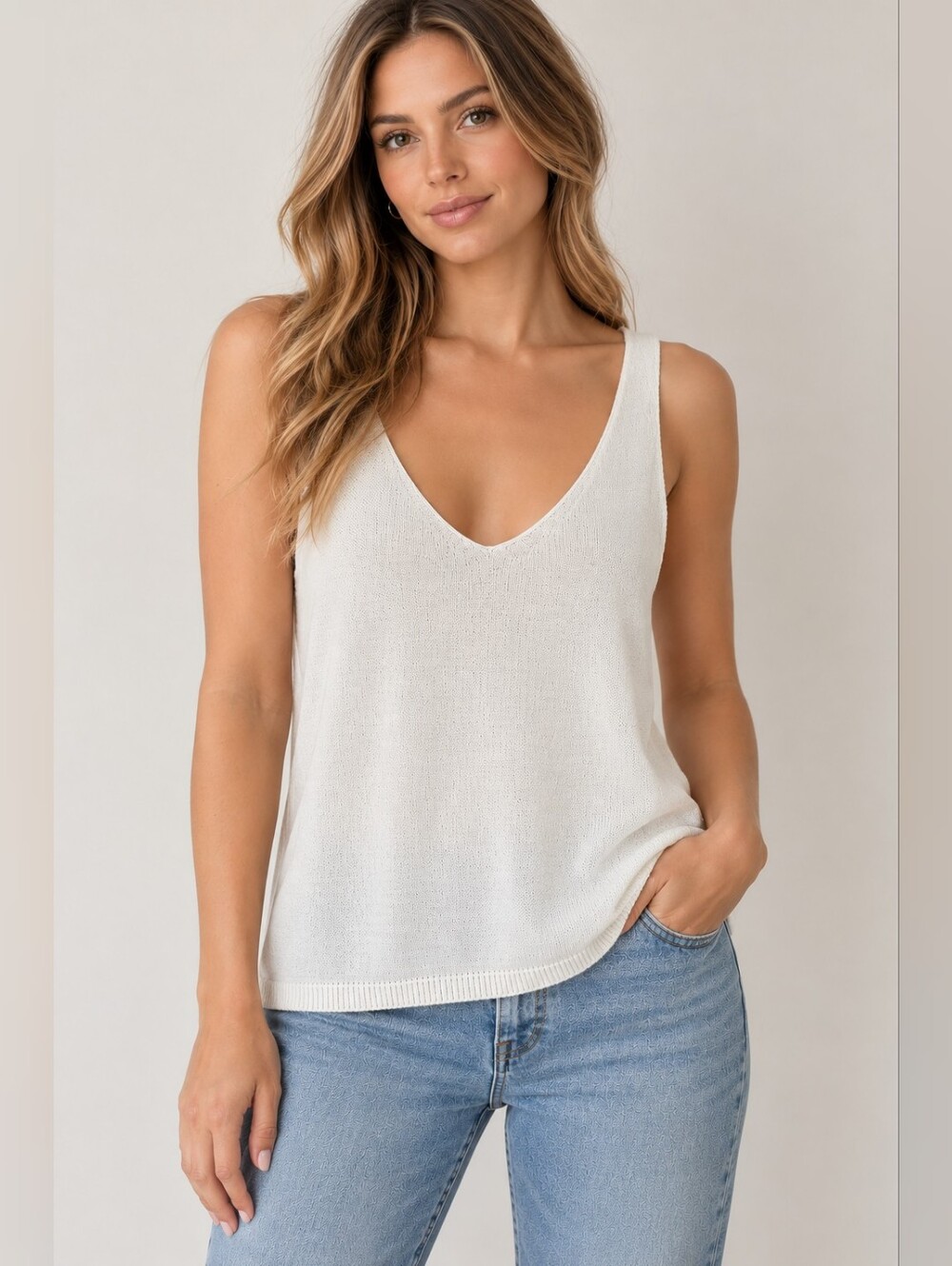 Joseph Ribkoff Cream V-Neck Knit Tank Top